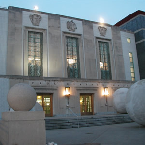 Photograph of Klapper Hall at dusk.