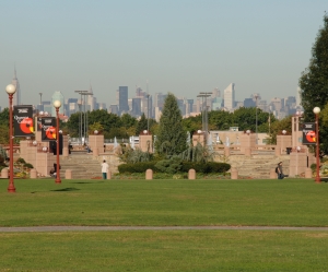 Photograph of the Quad with the Manhattan skyline in the background.